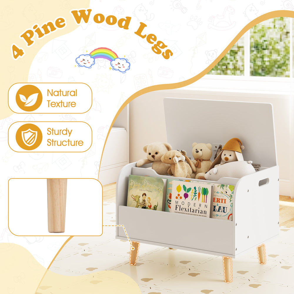 Kids wooden toy box with front bookshelf, 4 sturdy pine wood legs, ideal for toy and book storage in playroom.