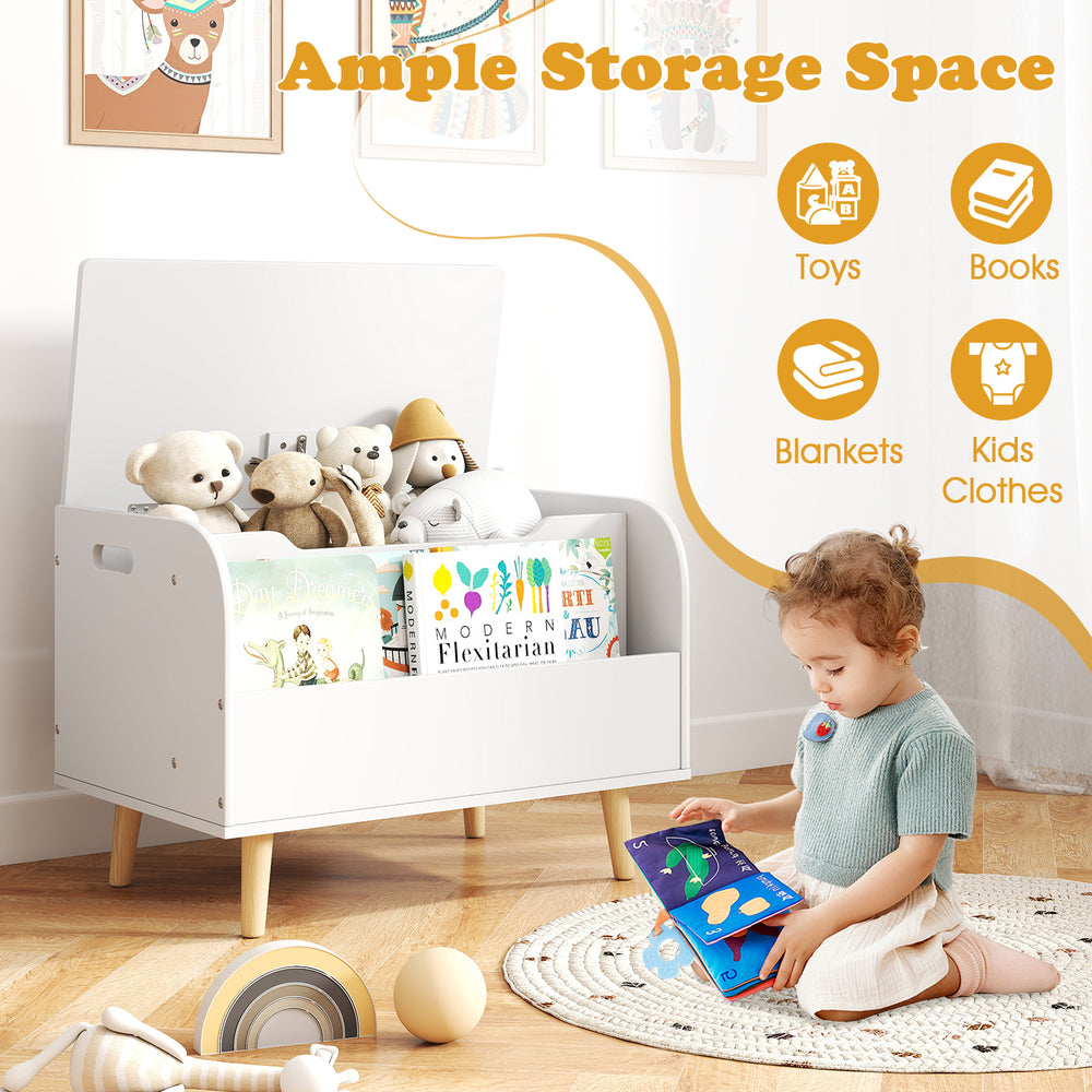 Kids wooden toy box with front bookshelf, ample storage for toys and books, featuring 4 solid wood legs in white.