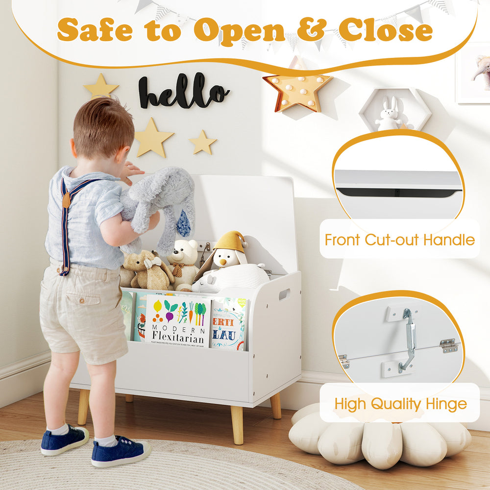 Kids wooden toy box with front bookshelf, safety hinge, and cut-out handle for easy access and storage in playroom.