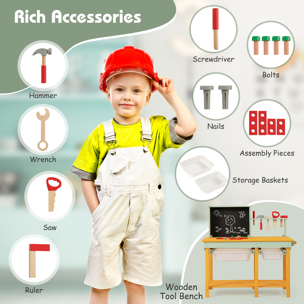 Kids wooden toy workbench with storage space, featuring rich accessories for creative play and a safe, stable design.