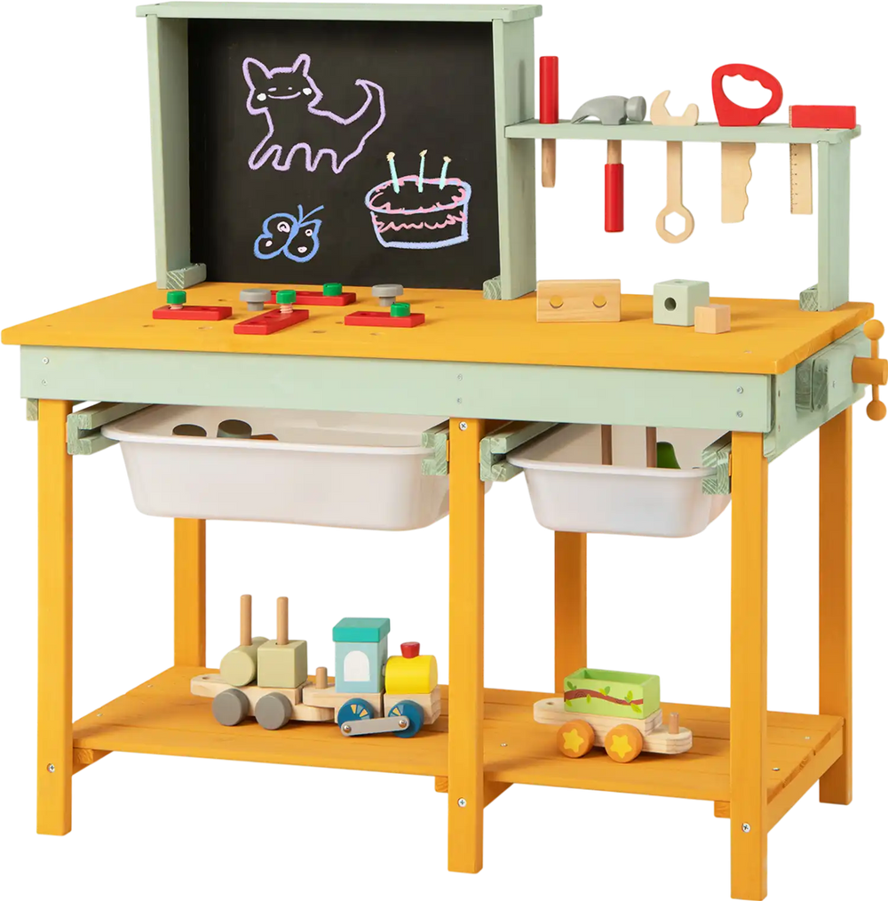Kids Wooden Toy Workbench with Storage Space and Blackboard