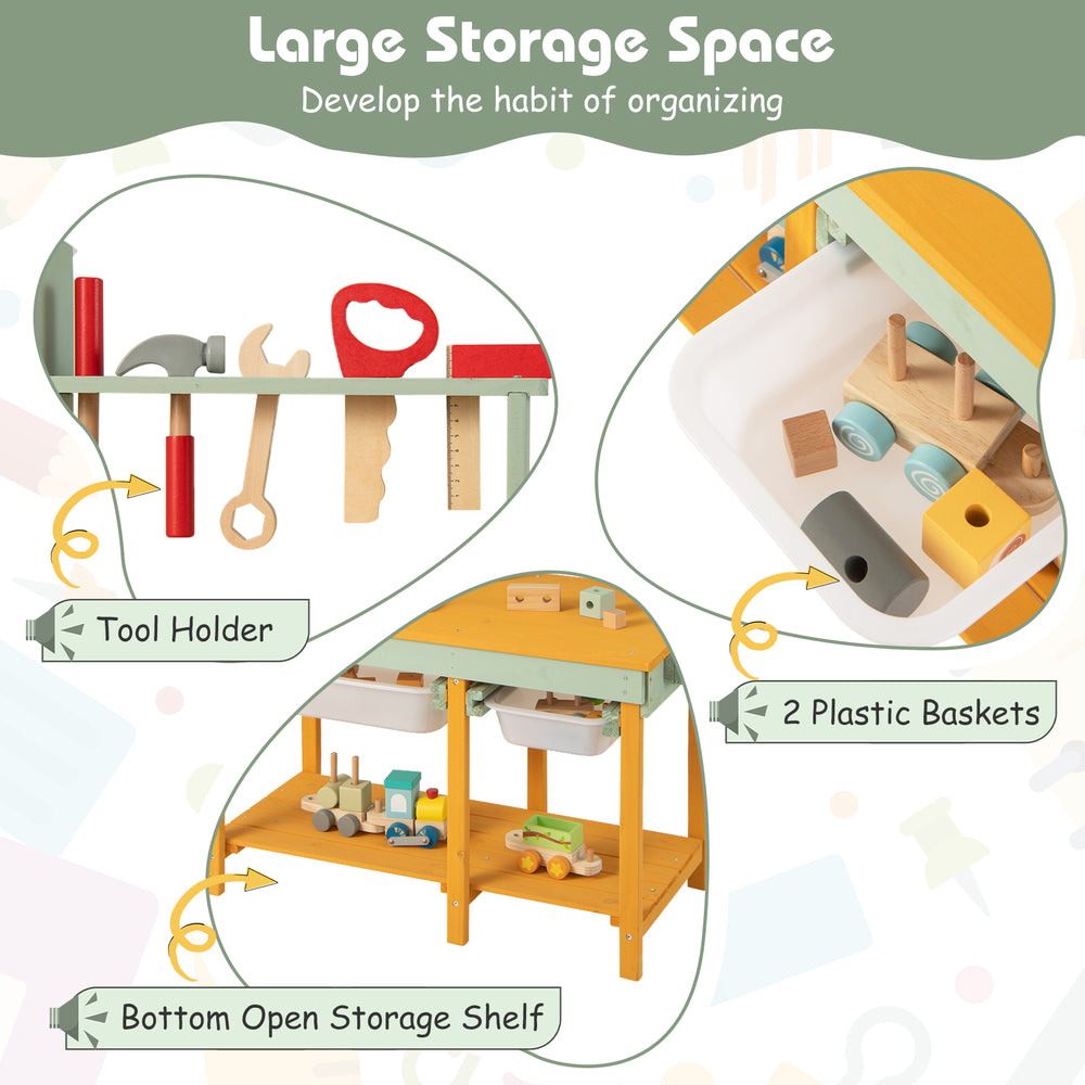 Kids wooden toy workbench featuring a tool holder, two plastic baskets, and a bottom open storage shelf for.