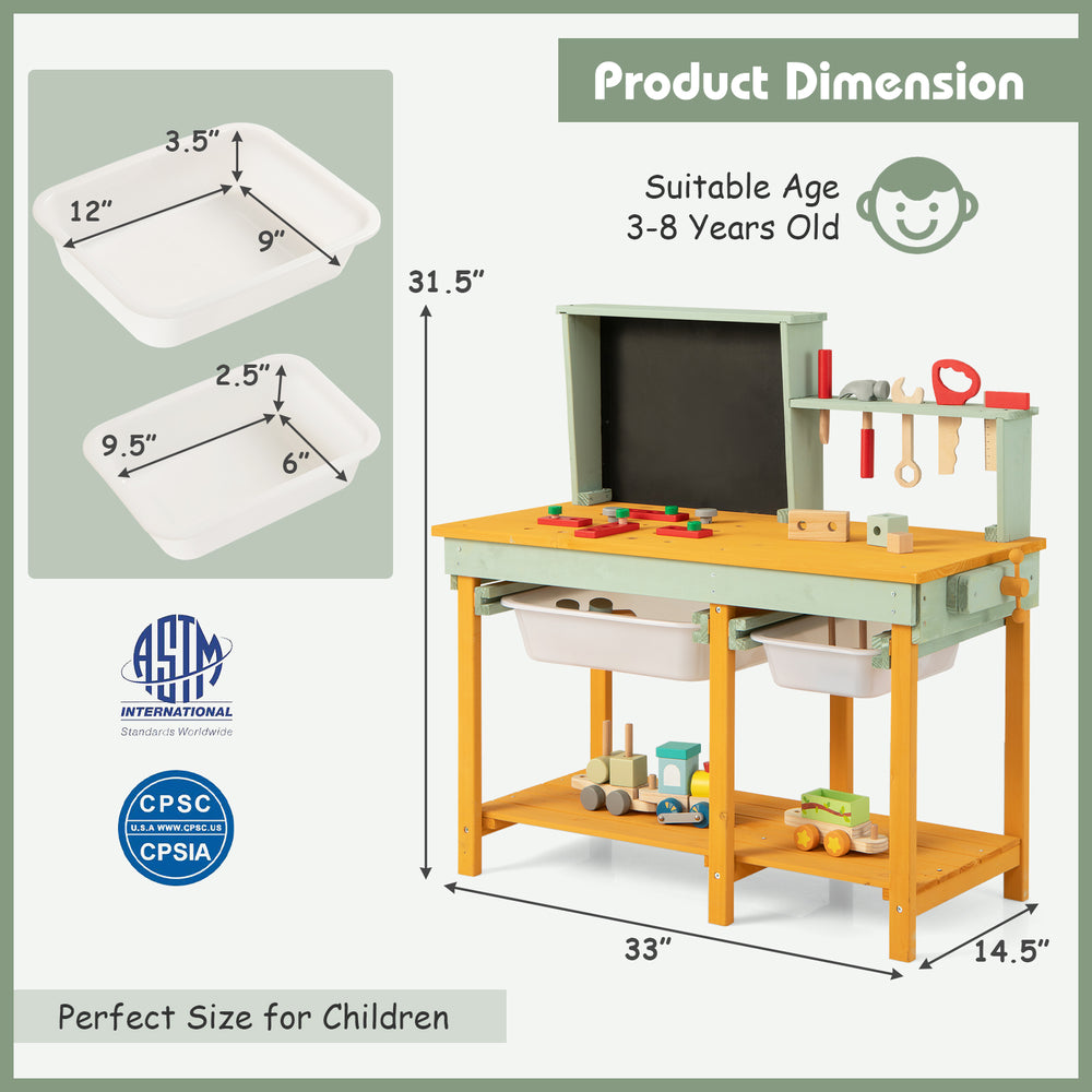 Kids wooden toy workbench with storage space, blackboard, and accessories, perfect size for children aged 3-8.