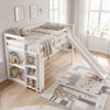 Kids wooden twin size loft bed frame in white with a slide, showcasing five open shelves for easy toy and book access.