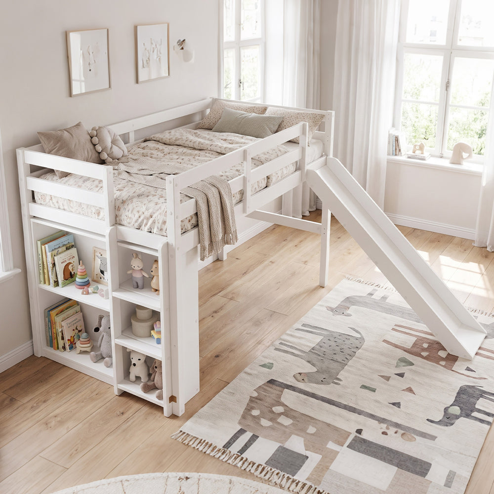 Kids wooden twin size loft bed frame in white with a slide, showcasing five open shelves for easy toy and book access.