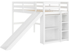 Kids wooden twin size loft bed frame in white featuring a slide, ladder, and five spacious shelves for books and toys.
