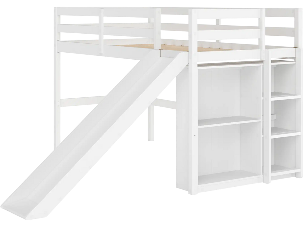 Kids wooden twin size loft bed frame in white featuring a slide, ladder, and five spacious shelves for books and toys.