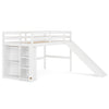 Kids wooden twin size loft bed frame in white with slide, ladder, and ample under-bed storage for toys and books.