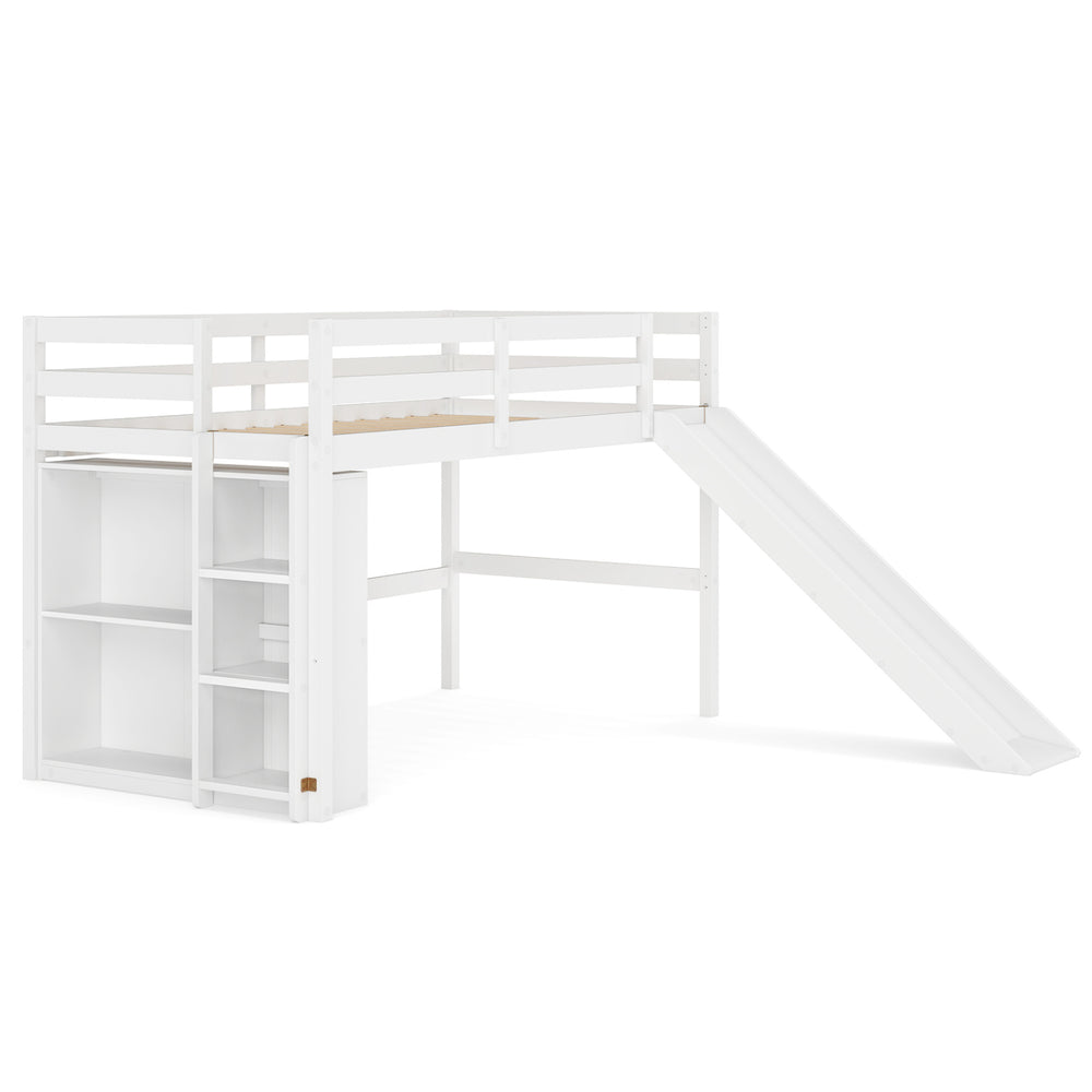 Kids wooden twin size loft bed frame in white with slide, ladder, and ample under-bed storage for toys and books.