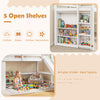 Kids wooden twin size loft bed frame in white with slide, ladder, and 5 open shelves for storage and play.