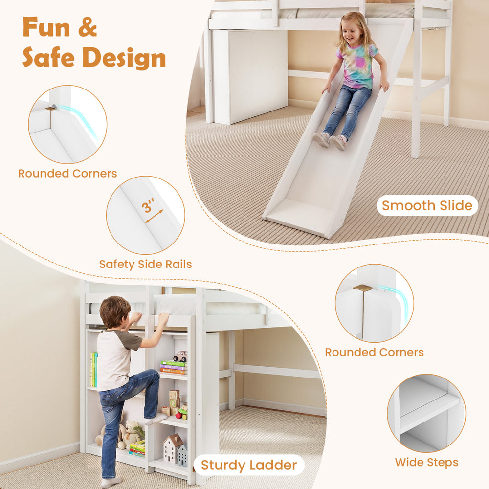 Kids wooden twin size loft bed frame in white with slide, sturdy ladder, and ample under-bed storage for play and organization.