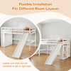 Kids wooden twin size loft bed frame in white with slide and ladder, featuring flexible installation for various room layouts.