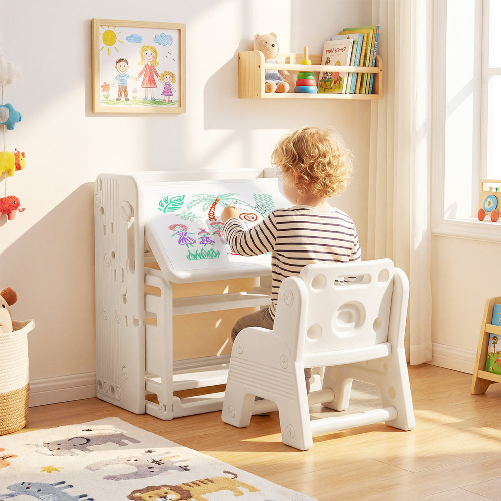 Kids desk and chair set with tiltable desktop and side bookshelves, perfect for creative activities and storage.
