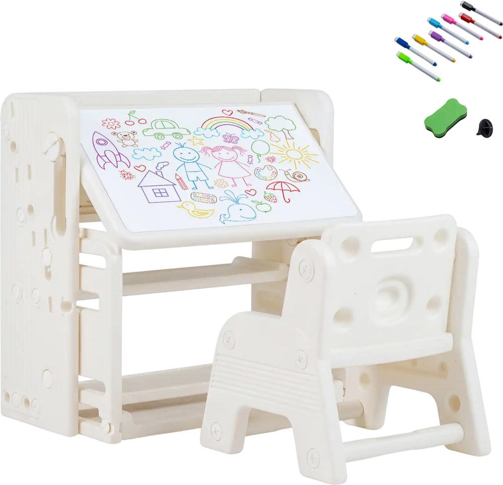Kids desk and chair set features a tiltable desktop, storage baskets, and an erasable whiteboard for creative play.