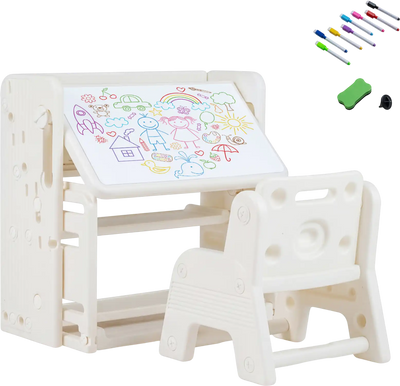 Costway Kids Writing Desk Chair Set Side Bookshelves 31405385 New
