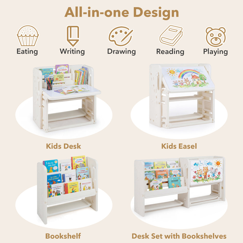 Kids desk and chair set features a tiltable desktop, side bookshelves, and storage baskets for versatile use and organization.