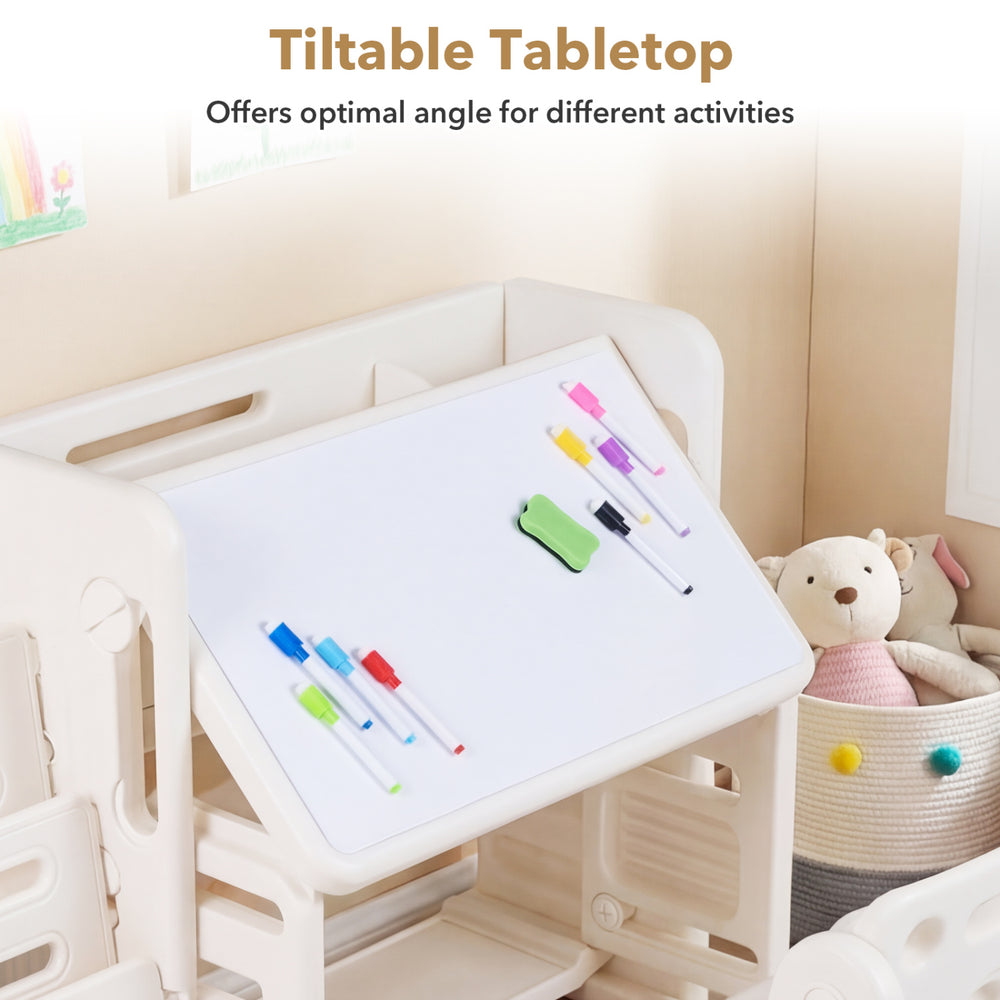 Tiltable desktop of the kids desk and chair set features an erasable surface, ideal for various activities and learning.