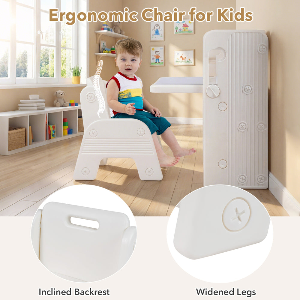 Ergonomic kids chair with widened legs and portable handle, designed for healthy posture and stability during activities.