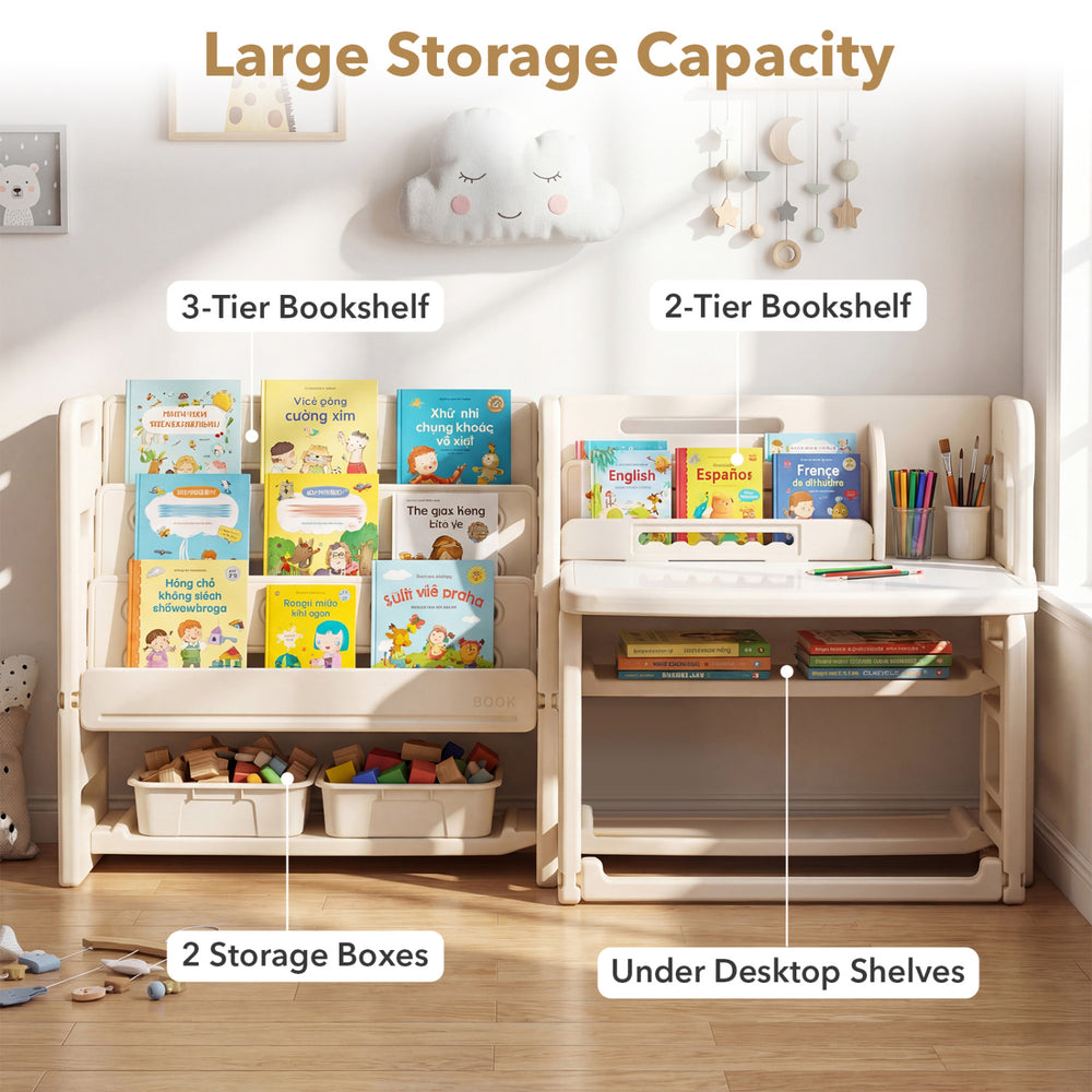 Kids desk and chair set with side bookshelves, storage boxes, and a tiltable desktop for versatile learning activities.