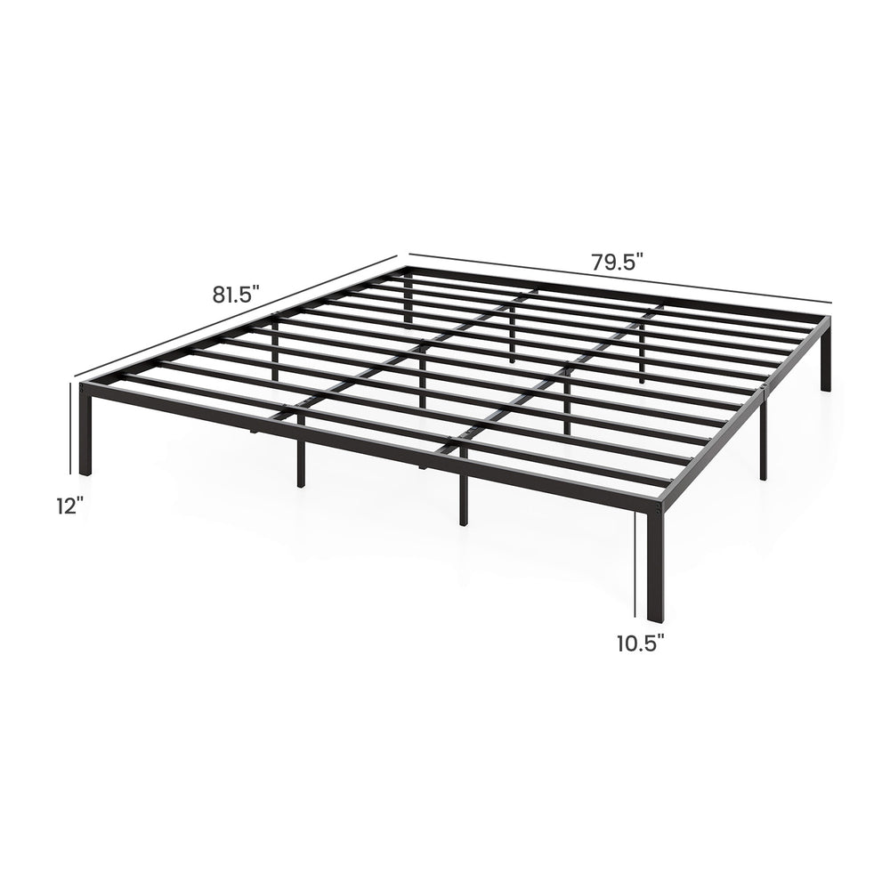 King size metal bed frame with heavy-duty support slats, minimalist design, and ample under-bed storage space.