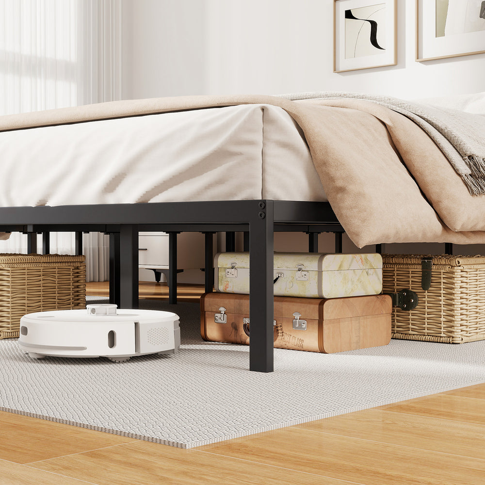 King size metal bed frame with under-bed storage, featuring heavy-duty slats and minimalist design for stability.