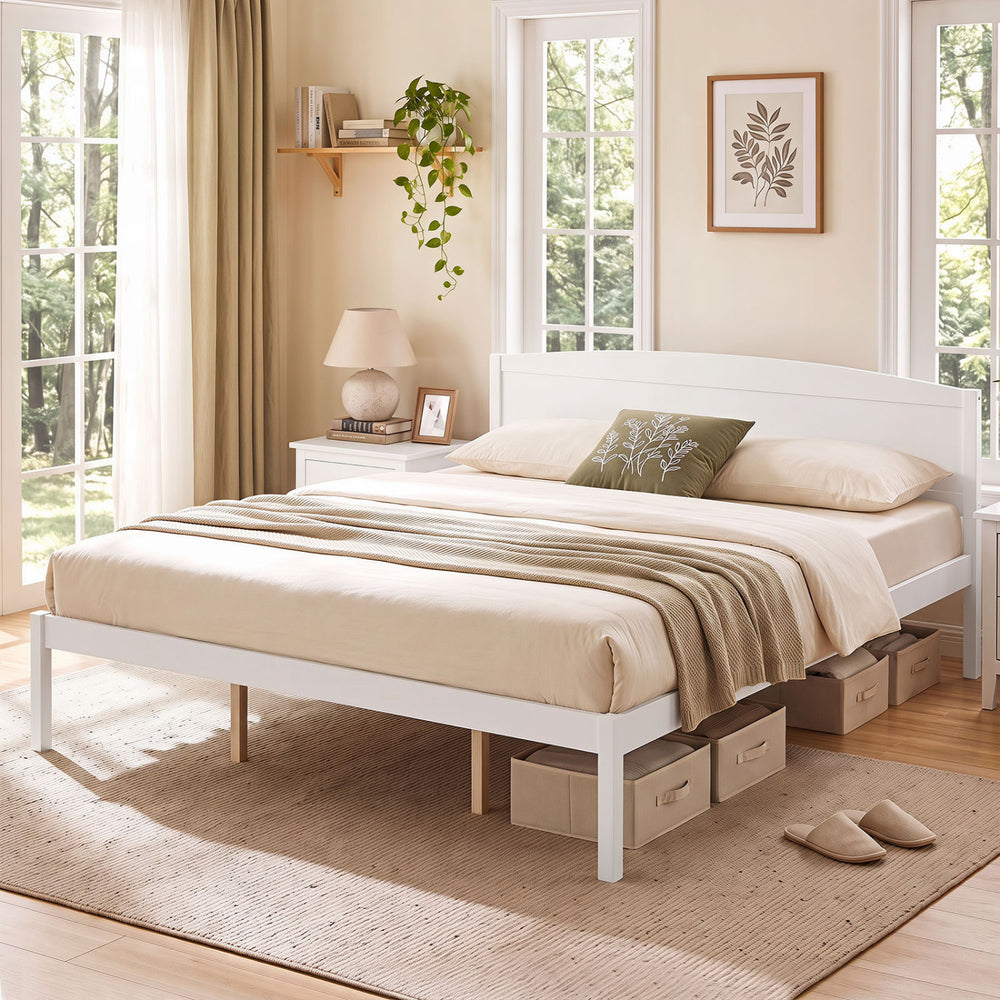 King Size Wooden Platform Bed Frame with Curved Headboard-White - Gallery View 1 of 9
