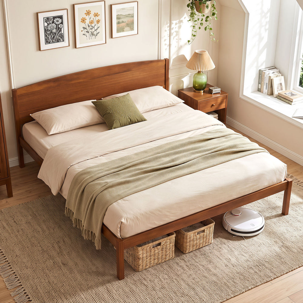 King size wooden platform bed frame with curved headboard in walnut finish, featuring under-bed storage and minimalist design.