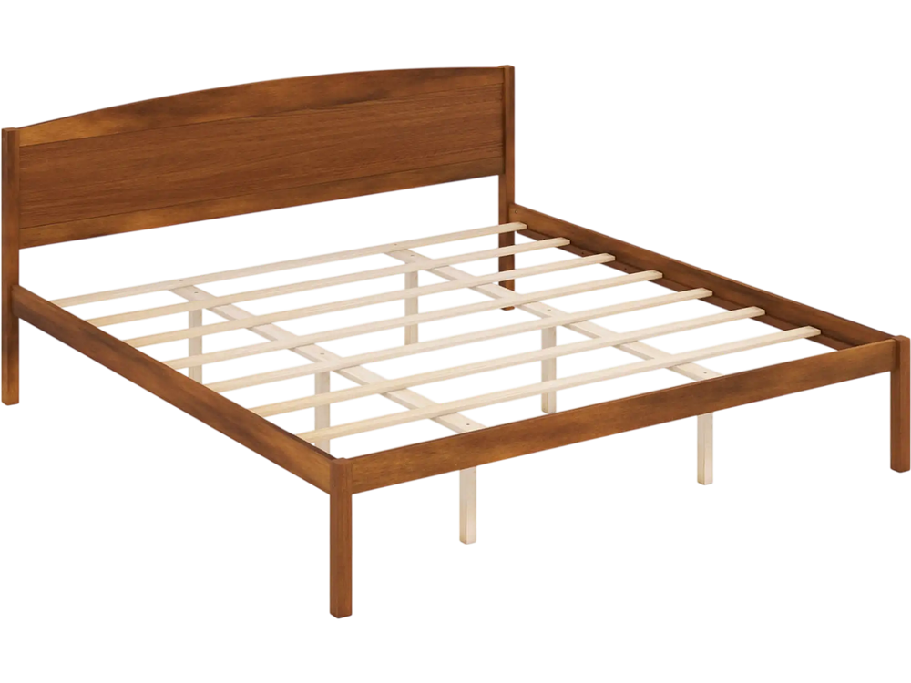 King size wooden platform bed frame with curved headboard in walnut, featuring sturdy plywood slats for reliable mattress support.