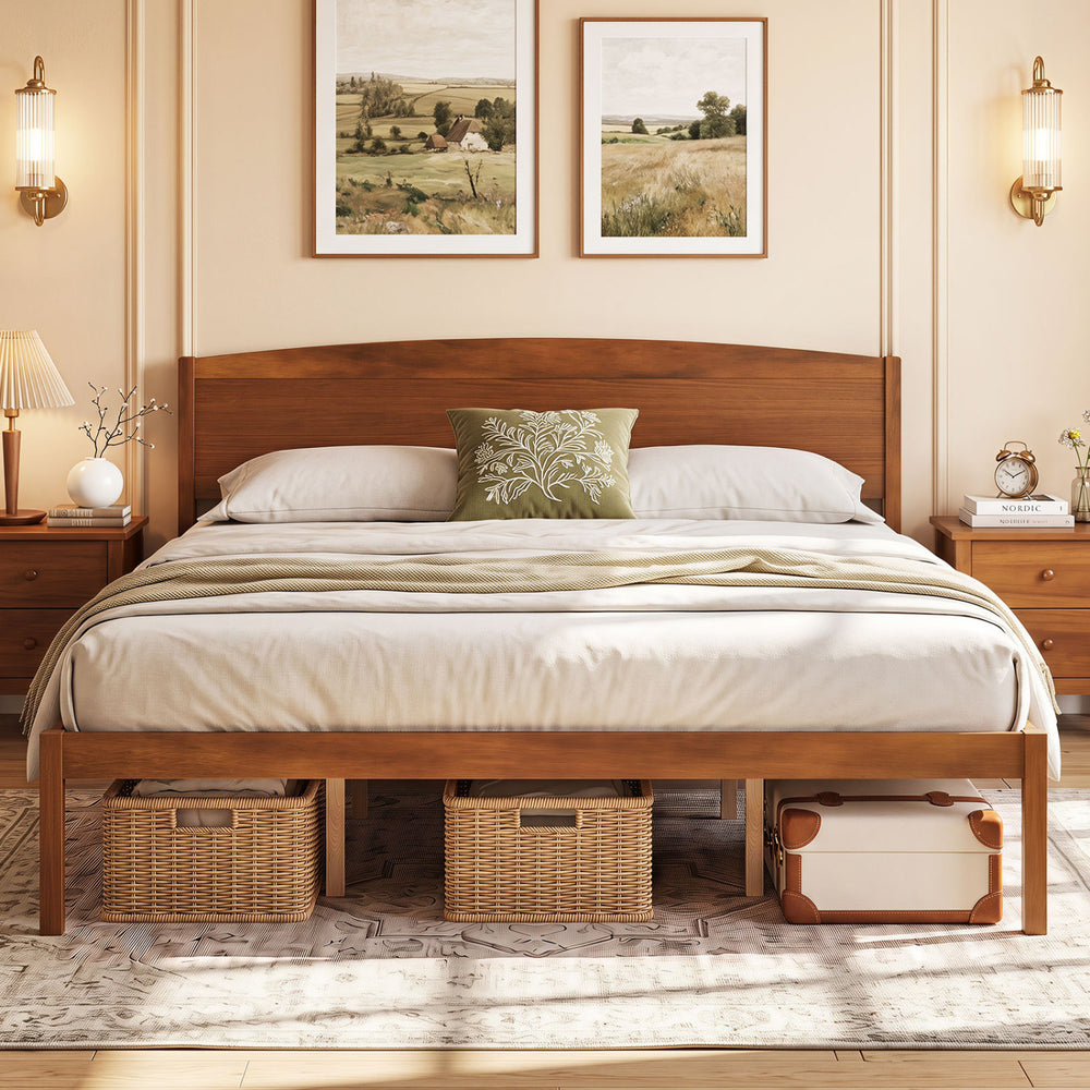 King size wooden platform bed frame with curved headboard in walnut finish, featuring under-bed storage for efficient organization.