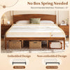 King size wooden platform bed frame in walnut with a curved headboard and embedded design for stable mattress support.