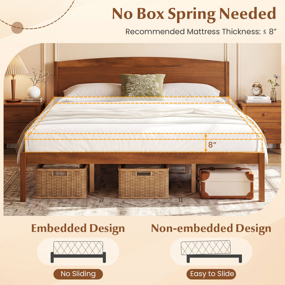 King size wooden platform bed frame in walnut with a curved headboard and embedded design for stable mattress support.