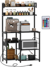 5-tier black kitchen bakers rack with power outlet, LED lights, and ample storage for microwave and kitchen essentials.