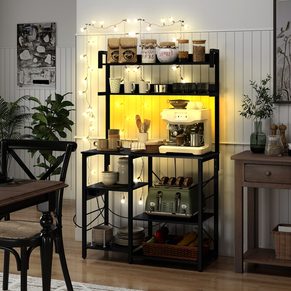 5-tier black kitchen bakers rack with LED lights, power outlets, and ample storage for a clutter-free kitchen.