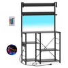 Kitchen bakers rack with 5 tiers, power outlet, and customizable RGB LED lights for versatile kitchen storage.