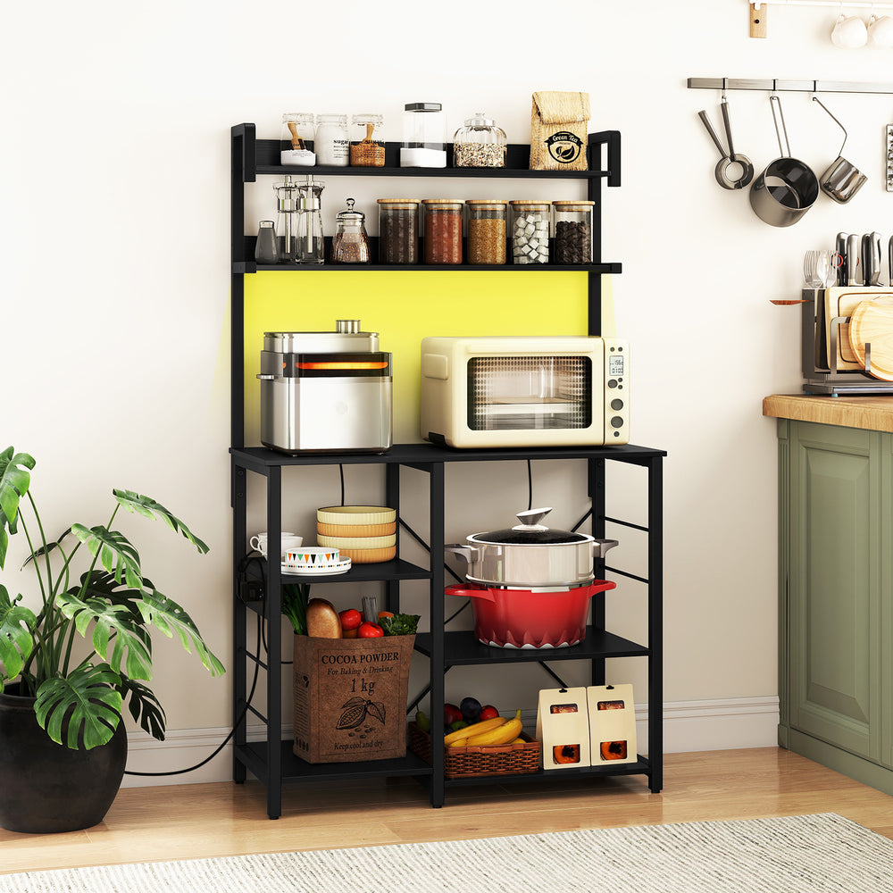 Black kitchen bakers rack featuring a built-in charging station and customizable RGB LED lights for stylish.