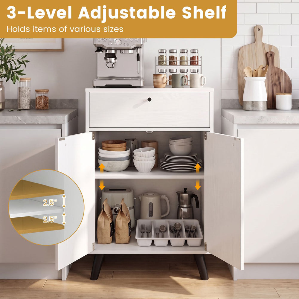 White kitchen buffet cabinet with one drawer, two doors, and a 3-level adjustable shelf for versatile storage solutions.