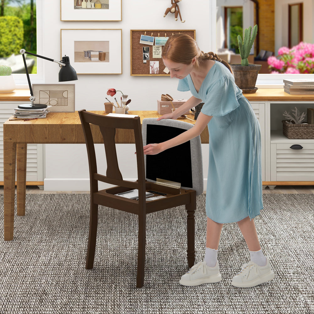 Brown kitchen dining chair with linen fabric and flip-up seat for storage, showcased in a stylish home setting.
