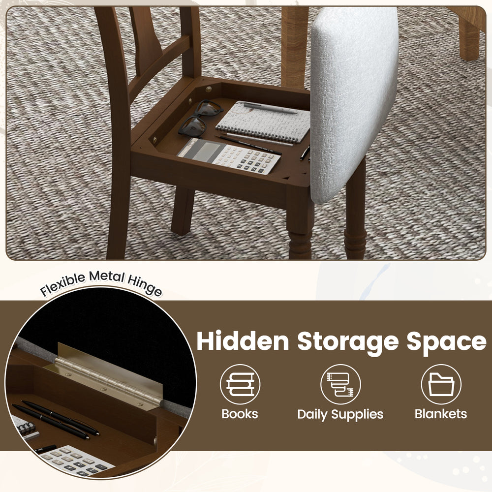 Kitchen dining chair with flip-up seat, brown acacia wood legs, and hidden storage for books and daily supplies.