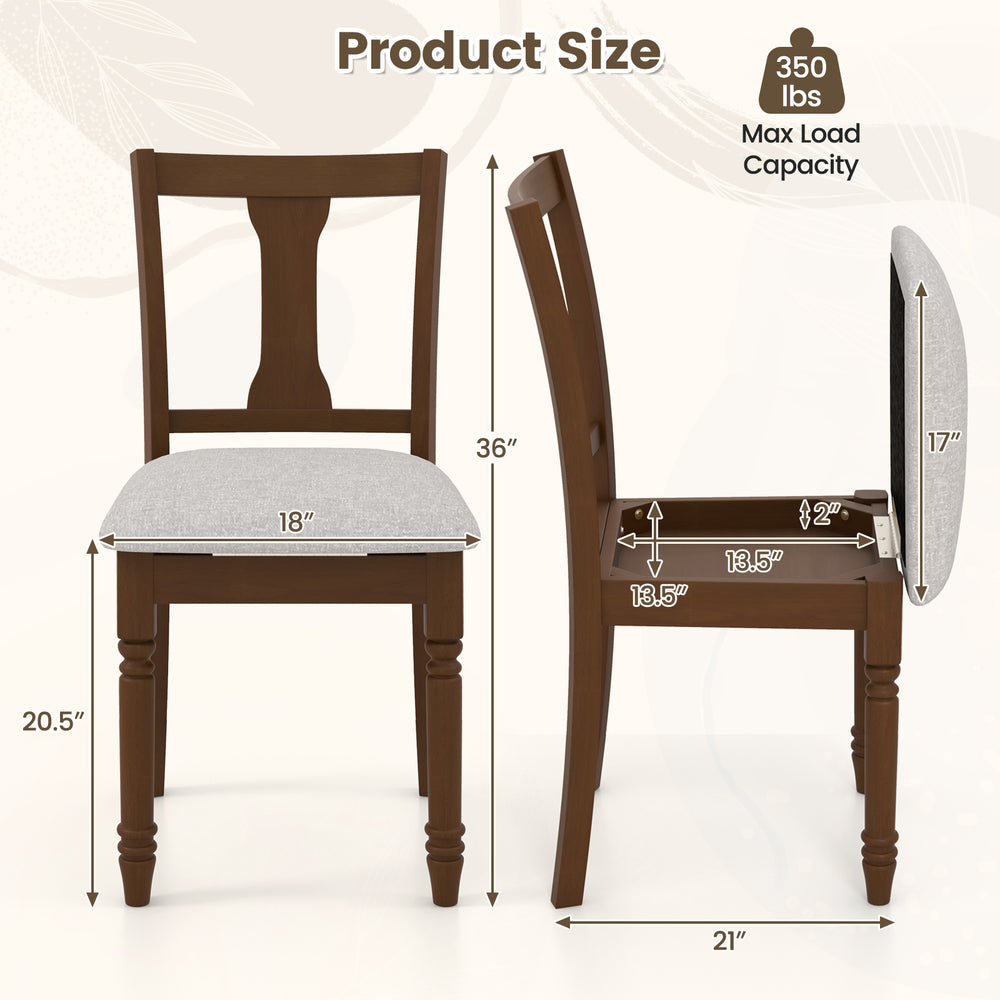 Brown kitchen dining chair set with linen fabric, storage space, and acacia wood legs; dimensions and max load capacity.