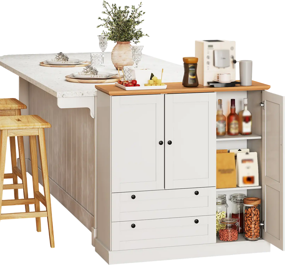 Freestanding white kitchen storage cabinet with 3 doors and 2 large drawers, featuring a wood-like countertop for.