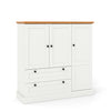 Freestanding white kitchen storage cabinet with three doors, two large drawers, and a wood-like textured countertop.