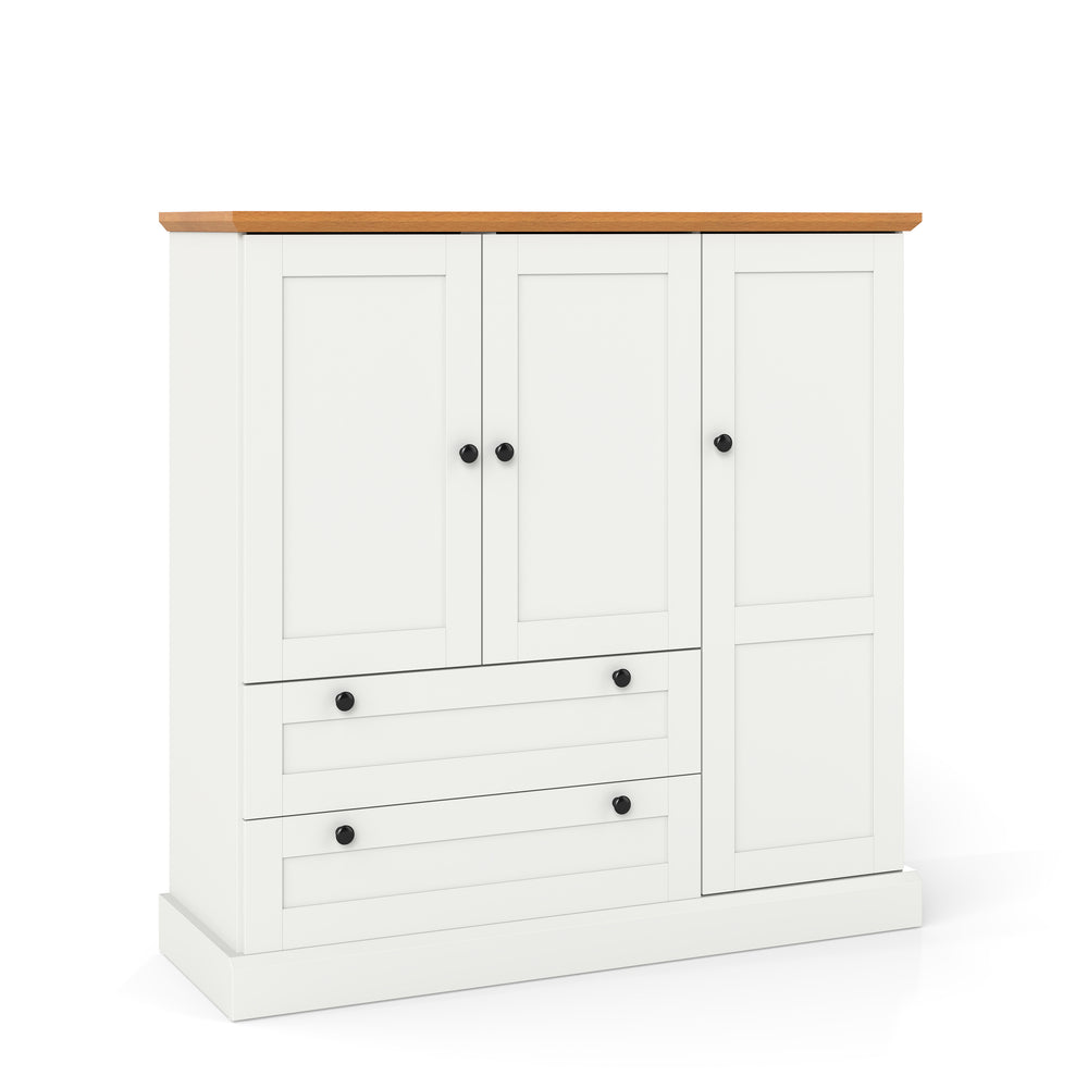 Freestanding white kitchen storage cabinet with three doors, two large drawers, and a wood-like textured countertop.