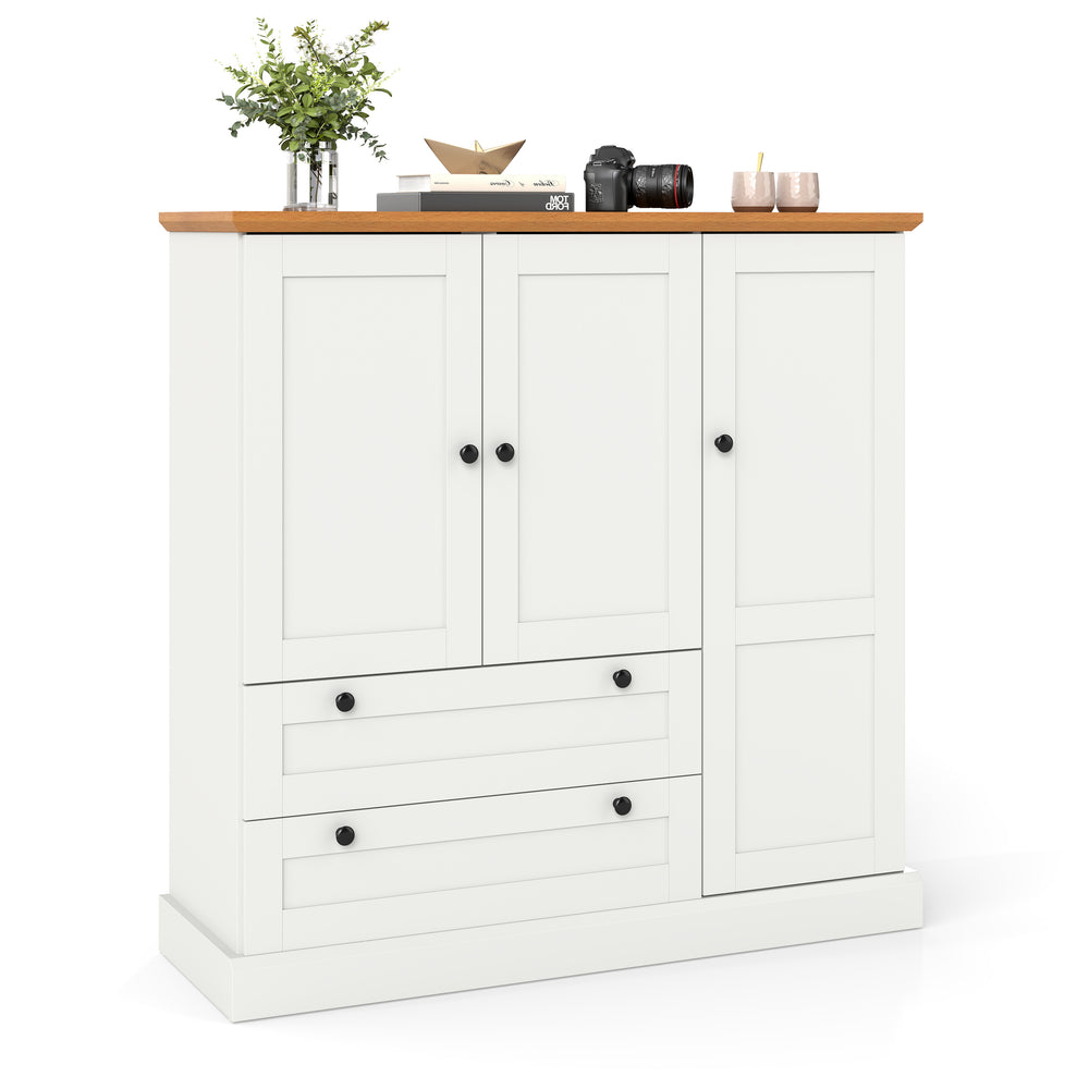 47.5-inch white kitchen storage cabinet showcasing a smooth surface and elegant wood-like texture on the countertop.