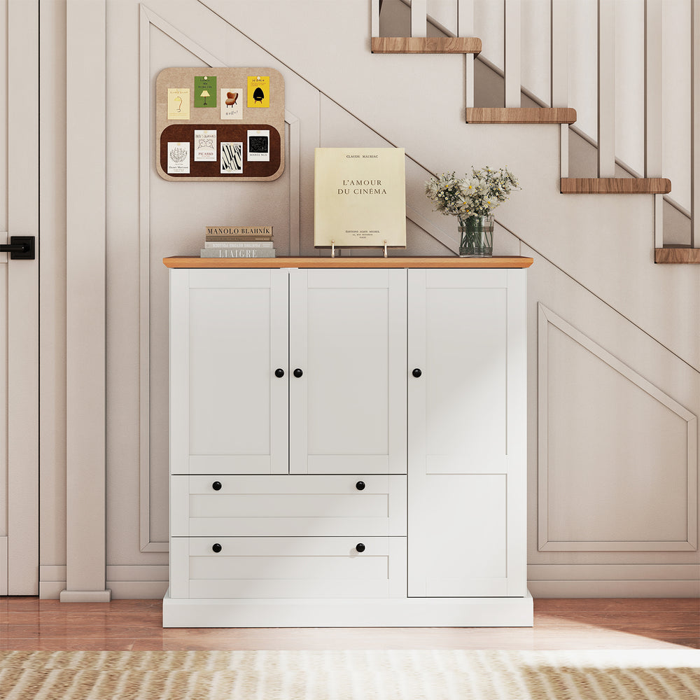 Freestanding white kitchen storage cabinet with 3 doors and 2 large drawers, featuring a wood-like textured countertop.