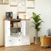 Side view of a freestanding white kitchen storage cabinet with a wood-like countertop, featuring three doors and two.