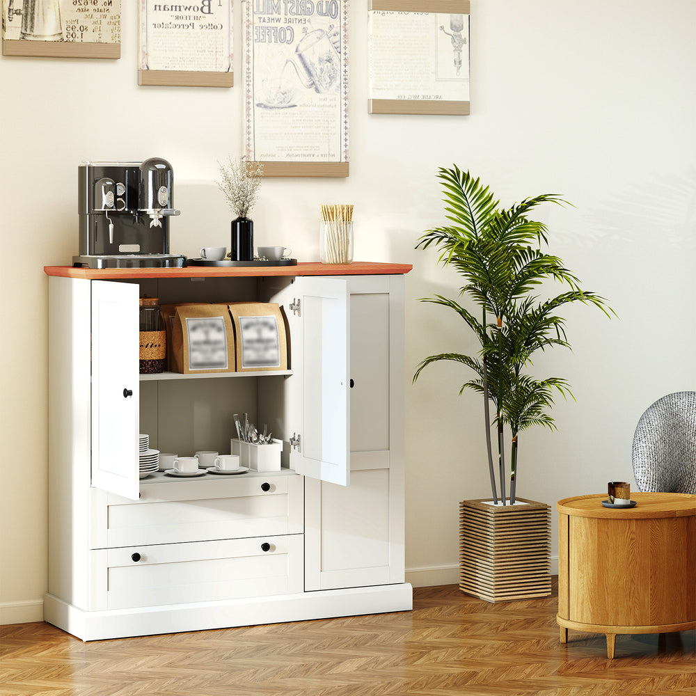 Side view of a freestanding white kitchen storage cabinet with a wood-like countertop, featuring three doors and two.