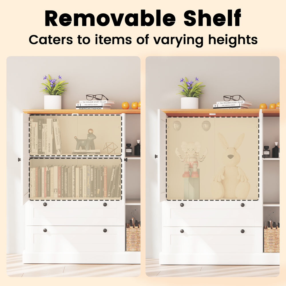 Freestanding white storage cabinet with removable shelf, ideal for organizing items of varying heights in kitchens or.