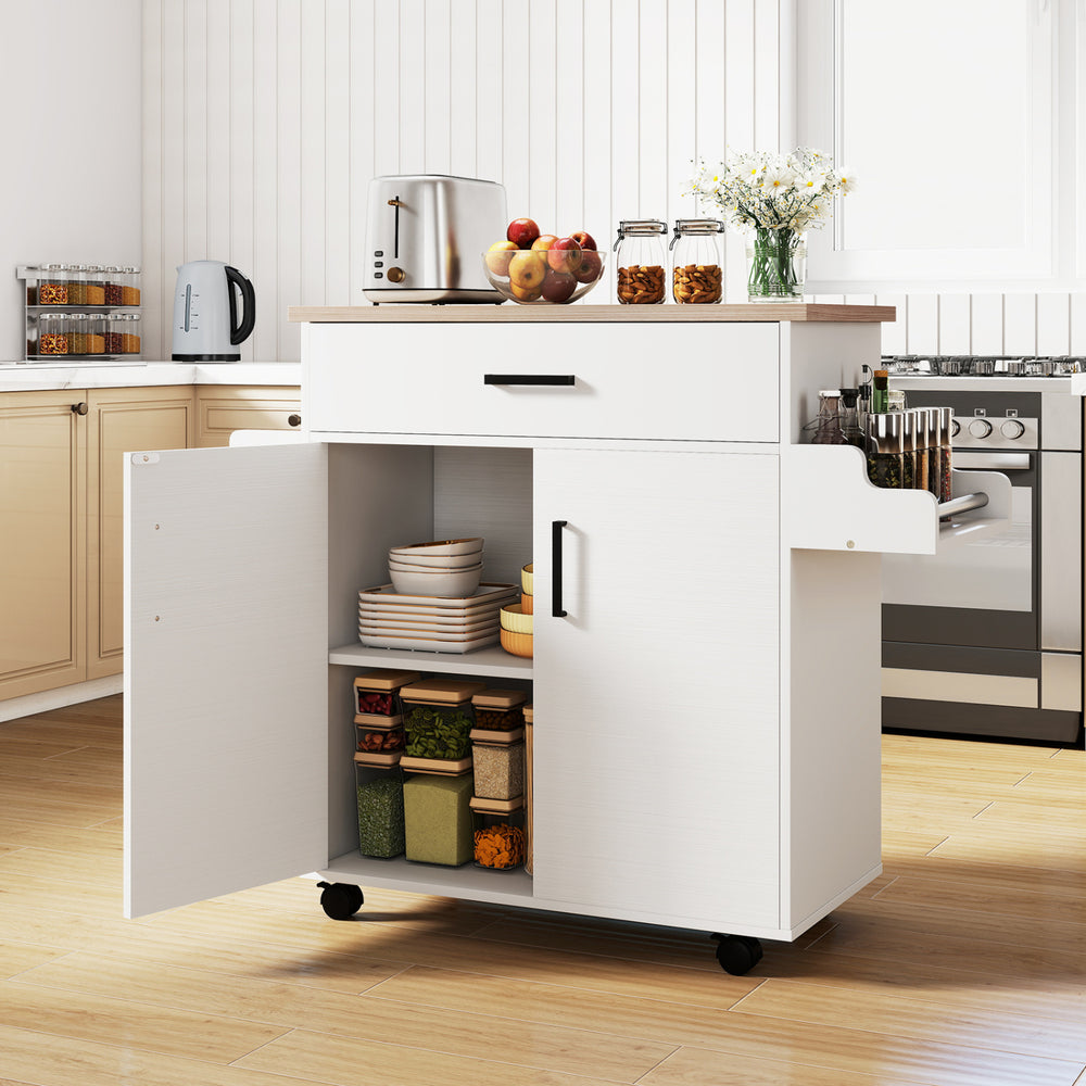 Rolling kitchen island cart in white with drawer, 2-tier cabinet, and spice rack, perfect for small kitchens.
