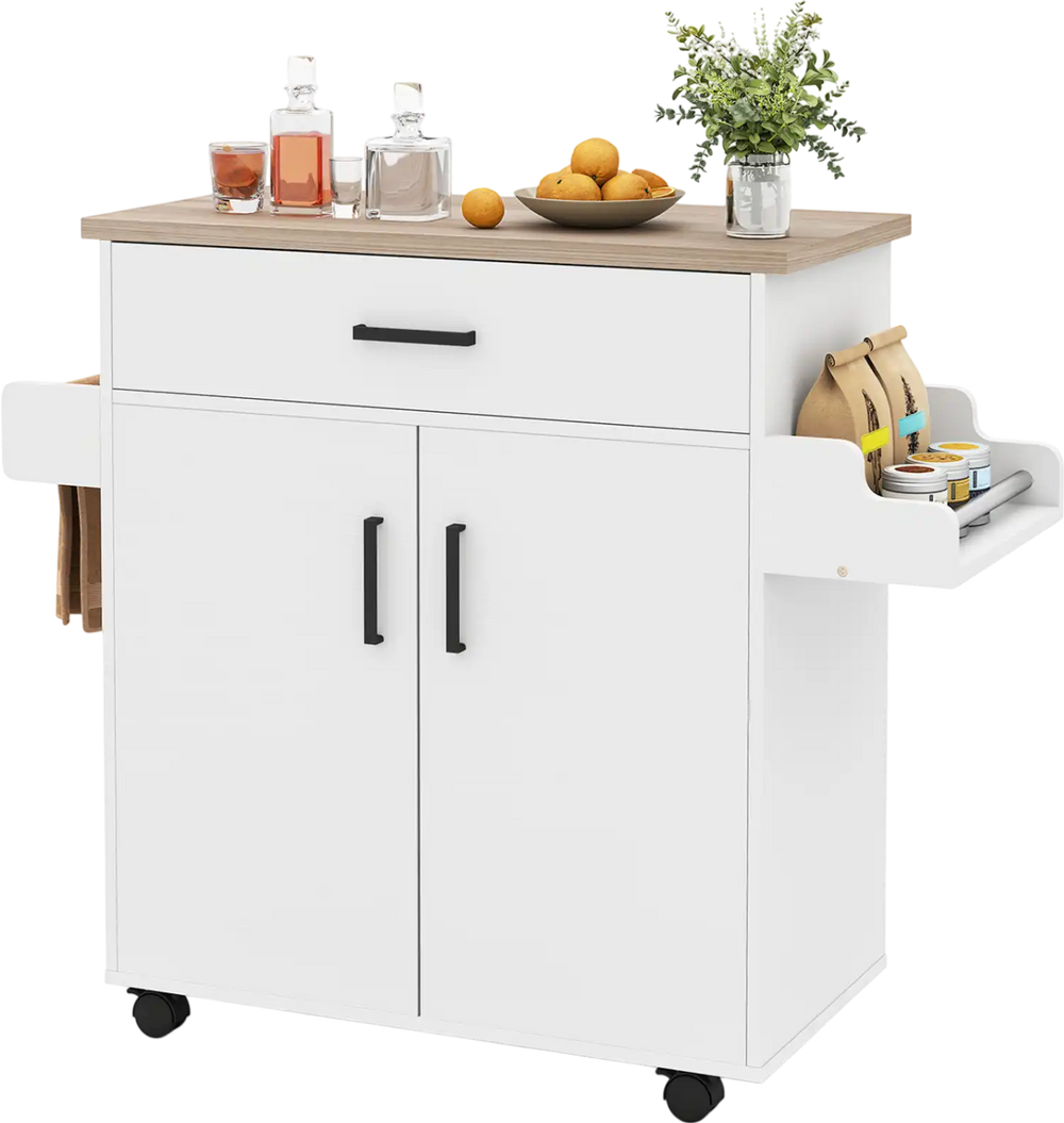 Rolling kitchen island cart with a white finish, wooden top, drawer, and side spice rack for easy storage and mobility.