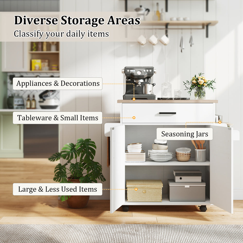 Rolling kitchen island cart in white with drawer and 2-tier cabinet for organized storage in small kitchens.